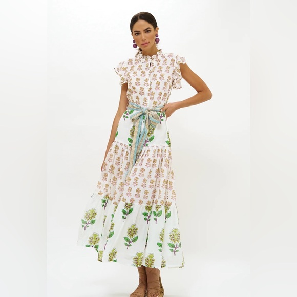 Oliphant Ruffle Collar Button Maxi Dress in Puglia Lime - Picture 2 of 2